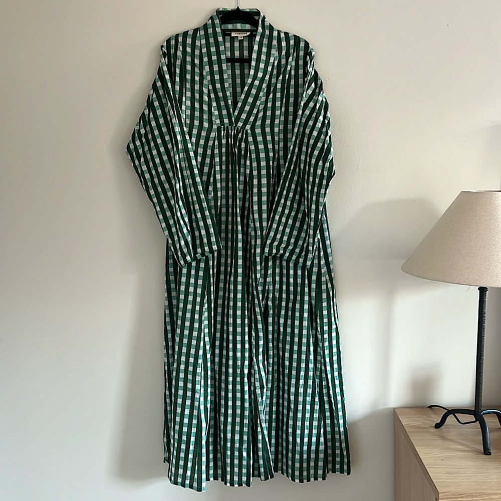 Green and White Gingham Maxi Dress - Relaxed V-Neck